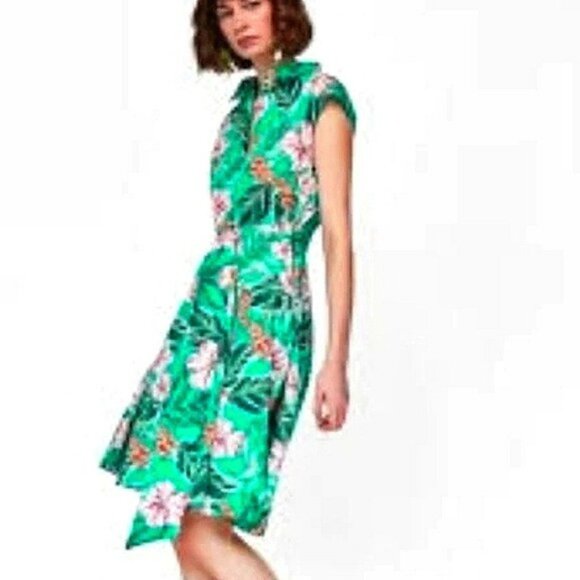 Zara Women's Midi Tropical Dress Size XS Green Button Down Belt Pockets Vacation - Picture 13 of 14